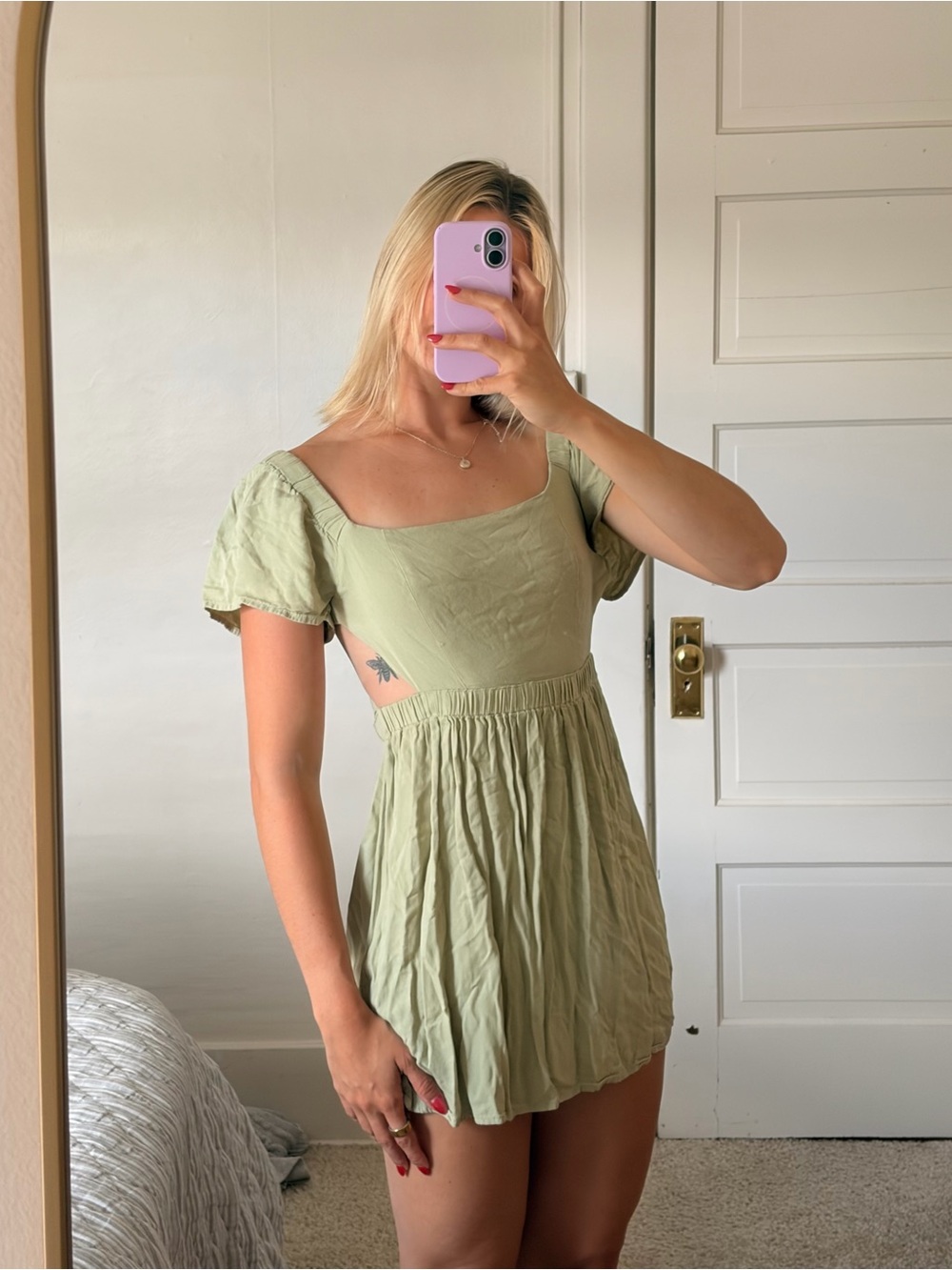 Green Linen Cut Out Dress
